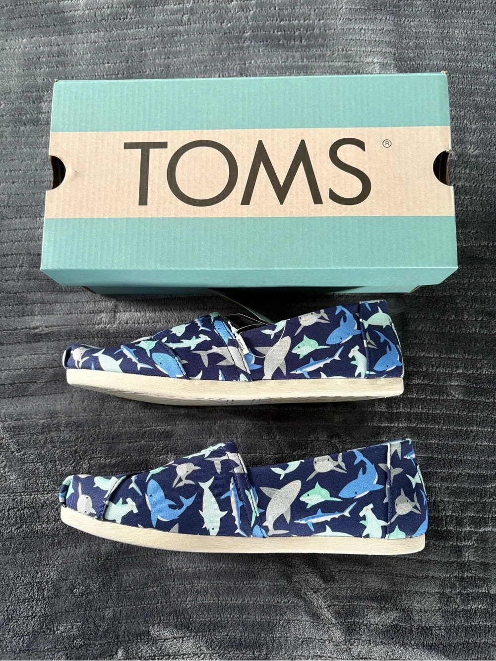 TOMS Women’s Navy Canvas Alpargata Slip-On Shoes with Shark Print